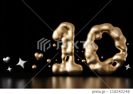 Golden liquid number 10 with hearts and stars on black background. Elegant fluid, luxurious metallic surface. Numeral ten. Flowing molten gold. Tenth birthday, business anniversary. Copy space. 3D. 118242248