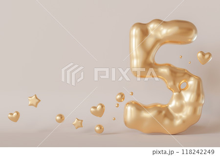 Golden liquid number 5 with hearts and stars on beige background. Elegant fluid, luxurious metallic surface. Numeral five. Flowing molten gold. Fifth birthday, business anniversary. Copy space. 3D. Golden liquid number 5 with hearts and stars on beige background. Elegant fluid, luxurious metallic surface. Numeral five. Flowing molten gold. Fifth birthday, business anniversary. Copy space. 3D. 118242249