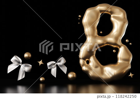 Golden liquid number 8 with bows and stars on black background. Elegant fluid, luxurious metallic surface. Numeral eight. Flowing molten gold. Eighth birthday, business anniversary. Copy space. 3D. Golden liquid number 8 with bows and stars on black background. Elegant fluid, luxurious metallic surface. Numeral eight. Flowing molten gold. Eighth birthday, business anniversary. Copy space. 3D. 118242250
