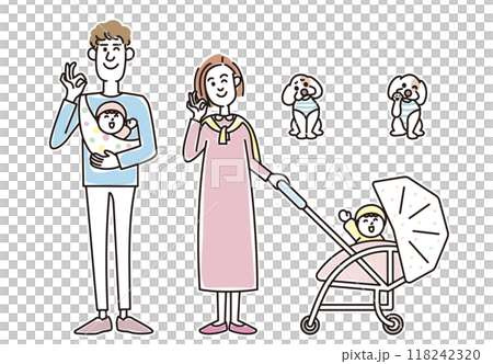 時尚的年輕夫婦、嬰兒和小狗 118242320