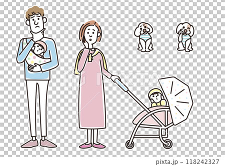 時尚的年輕夫婦、嬰兒和小狗 118242327