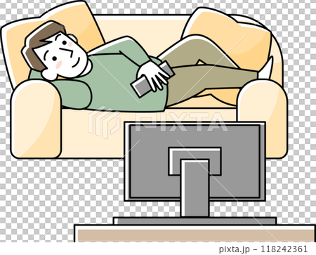 Man relaxing on sofa watching TV Man relaxing on sofa watching TV 118242361