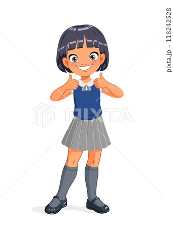 Cute little Asian girl in school uniform showing thumbs up. Cartoon vector illustration. Cute little Asian girl in school uniform showing thumbs up. Cartoon vector illustration. 118242528