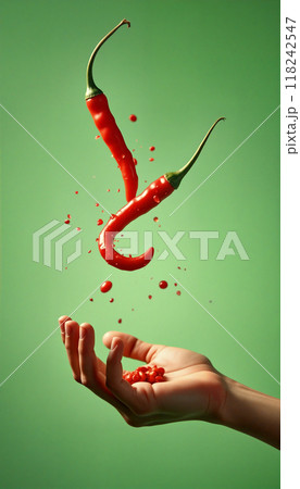 Red chili peppers falling on open hand with green background 118242547
