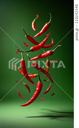 Red hot chili peppers floating on green background 118242548