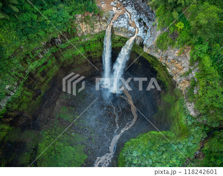 Aerial top view from above of Tumpak Sewu ,also known as Coban Sriti waterfall, Indonesia,  high waterfall in Malang regency, East Java, Indonesia 118242601