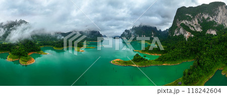 Aerial drone view of island on the lake, tropical Mountain peak , Khao Sok National Park, Thailand 118242604