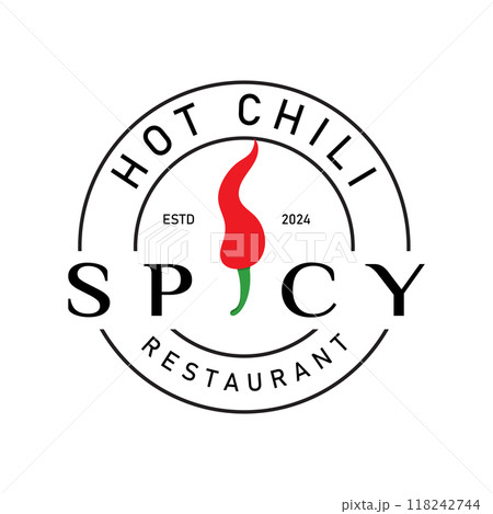 Hot Chili Food with Chili and Fire Symbol. Vintage Label Logo Design Hot Chili Food with Chili and Fire Symbol. Vintage Label Logo Design 118242744