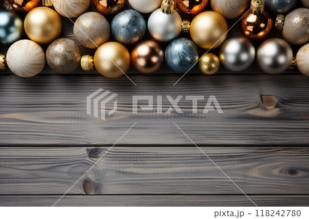 background with round blue and gold balls decorations on the Christmas tree. 118242780