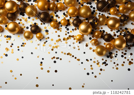 White background with copy space, sparkles and festive white and gold balls for decorating the Christmas tree. 118242781