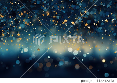 Background with small yellow stars, yellow bokeh on a black and blue background. 118242818