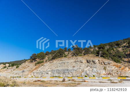 Mountain road side view photo taken on a sunny summer day 118242910