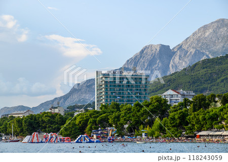 Makarska town, popular tourist seaside resort on the Adriatic sea coastline of Croatia 118243059