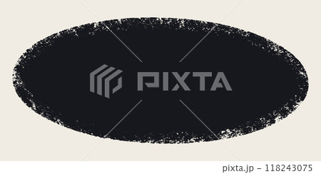 Grunge black vintage oval paint stain silhouette with torn edges. Rough edges oval frame vector. Vector silhouette for stickers, banners isolated on light background 118243075