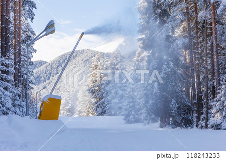 Bansko, Bulgaria, winter ski road and snow cannon 118243233