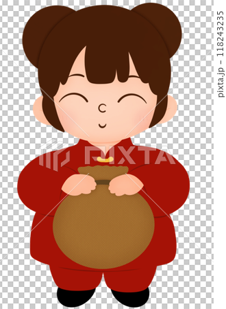Chinese girl holding a bag of gold Chinese girl holding a bag of gold 118243235