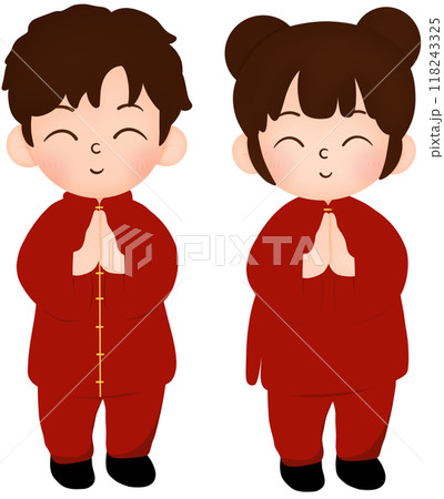 Chinese boy and Chinese girl paying respects  118243325
