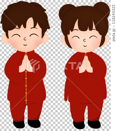Chinese boy and Chinese girl paying respects  118243325