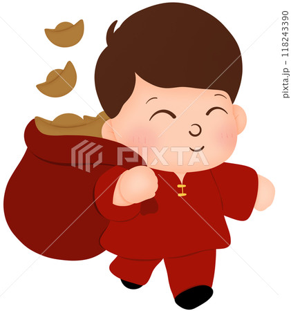 Chinese boy carrying a bag of gold  118243390