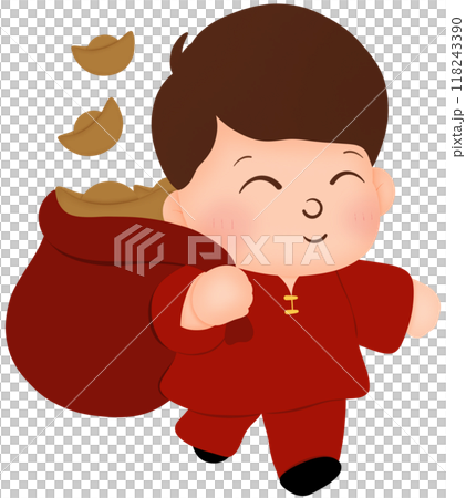 Chinese boy carrying a bag of gold  118243390