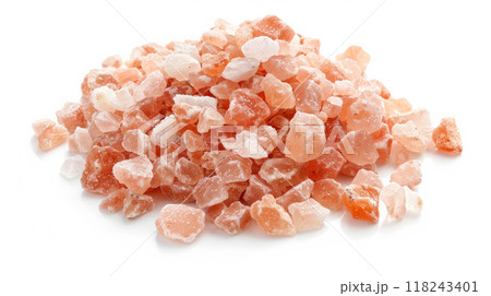 Pile of pink himalayan salt on white background 118243401