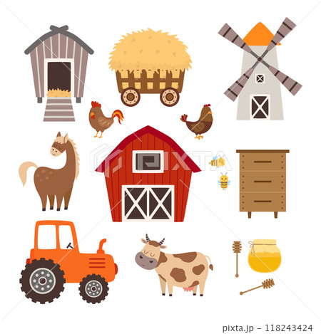 cartoon farm set, flat style cartoon farm set, flat style 118243424