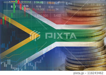 Stock market investment trading financial, coin and South Africa flag , finance business trend data. 118243462