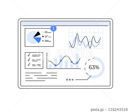 Illustration of a data dashboard displaying financial metrics, graphs, pie chart, and checklist. Themes include business intelligence, analytics, financial modeling, and data visualization. Illustration of a data dashboard displaying financial metrics, graphs, pie chart, and checklist. Themes include business intelligence, analytics, financial modeling, and data visualization. 118243528