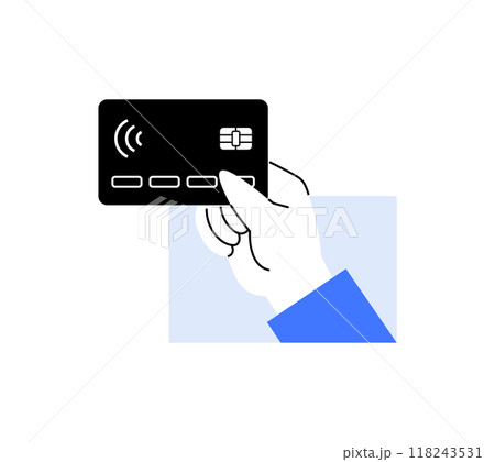A hand holding a credit card featuring contactless payment symbol. Financial transaction, fintech, banking, secure payments, mobile wallet concepts are illustrated in this vector. 118243531