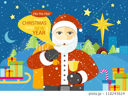 Illustration featuring Santa Claus holding a bell with gifts, snowy background, and festive decorations. Includes text wishing Merry Christmas and Happy New Year. Perfect for holiday cards or 118243624