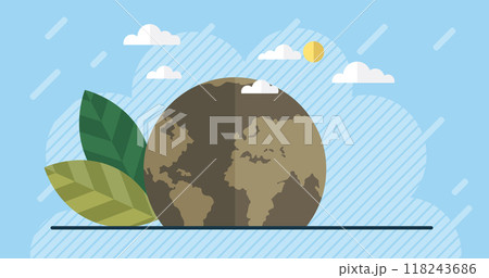 A vector illustration representing eco-friendly and sustainable practices, with the Earth surrounded by green leaves and clouds. The global perspective emphasizes environmental conservation. 118243686