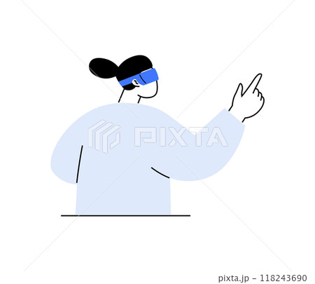 Person wearing a VR headset and interacting with a computer screen in a modern, minimalistic design. The illustration emphasizes virtual interaction, technology, and digital communication. 118243690