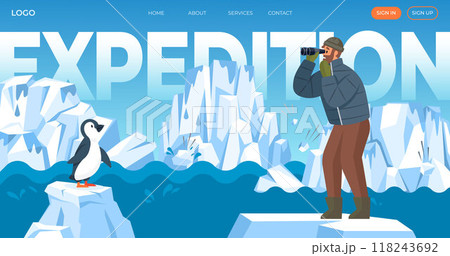 Explorer observing a penguin in an icy landscape, representing polar expeditions and the importance of wildlife preservation. The scene is set against a backdrop of glaciers and cold waters. 118243692