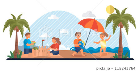 Family with children enjoying a day at the beach, building sandcastles and playing with a ball under the shade of palm trees and an umbrella. A bright, sunny vacation scene by the ocean. 118243764