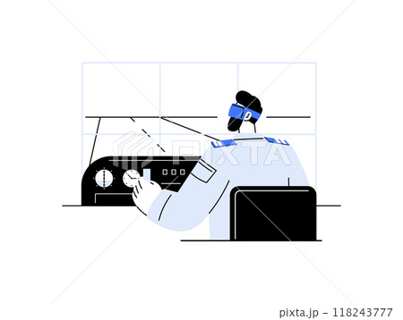 Depiction of a pilot with VR headset operating a flight simulator in a cockpit setting. Represents advanced training in aviation, virtual reality, and simulation technology. Depiction of a pilot with VR headset operating a flight simulator in a cockpit setting. Represents advanced training in aviation, virtual reality, and simulation technology. 118243777