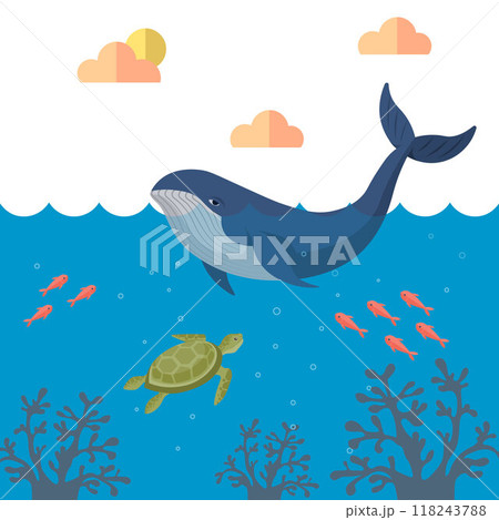 Blue whale swimming in the ocean, accompanied by small fish and a turtle. The underwater scene includes coral reefs and represents the rich biodiversity of the ocean ecosystem. 118243788