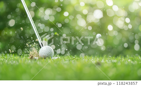 Close-up of a golf club hitting a golf ball on a green field, with sunlight creating beautiful bokeh effects in the background. 118243857