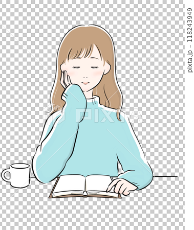 Woman reading coffee black main line light blue knit long hair 118243949