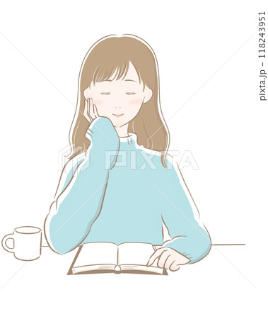 女性 読書 コーヒー 主線茶色 水色ニット ロングヘア 118243951