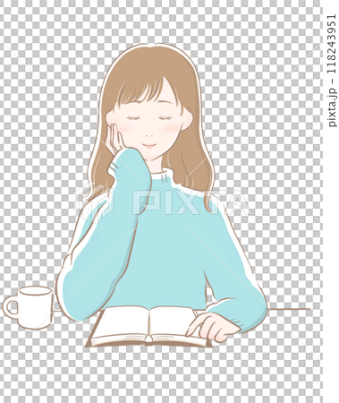 Woman reading coffee brown main line light blue knit long hair 118243951