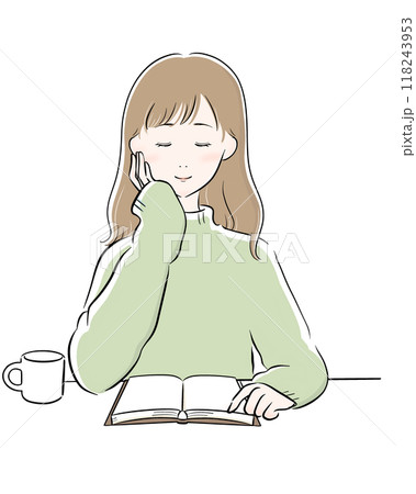 女性 読書 コーヒー 主線黒 緑ニット ロングヘア 118243953