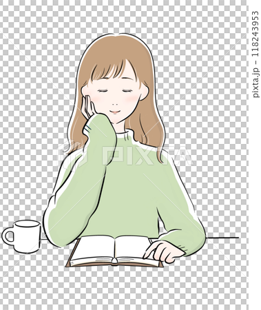 女性 読書 コーヒー 主線黒 緑ニット ロングヘア 118243953