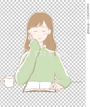 Woman reading coffee brown main line green knit long hair 118243954