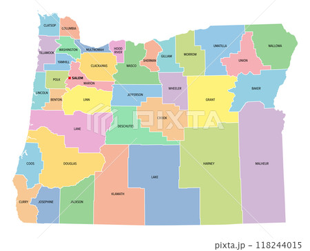 Oregon, U.S. state, subdivided into 36 counties, multi colored political map with capital Salem, borders and county names. State in the Pacific Northwest region of the United States. The Beaver State. Oregon, U.S. state, subdivided into 36 counties, multi colored political map with capital Salem, borders and county names. State in the Pacific Northwest region of the United States. The Beaver State. 118244015