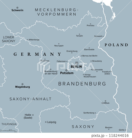 Brandenburg, a state in northeastern Germany, gray political map with capital and largest city Potsdam, borders and largest cities. Brandenburg surrounds the national capital and city-state of Berlin. 118244016