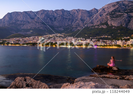 Makarska town, popular tourist seaside resort on the Adriatic sea coastline of Croatia 118244049