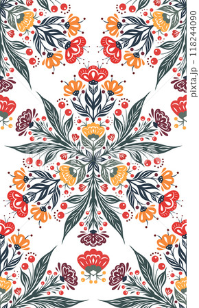 Vector seamless tracery pattern with floral mandala on white background. Folk art flourish ornament. Decorative ornate texture with bloom flowers 118244090