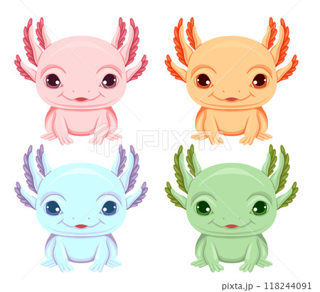 Vector set of cute colorful axolotls in front view clipart in cartoon style isolated from background. Pretty lizard. Collection of amphibians 118244091