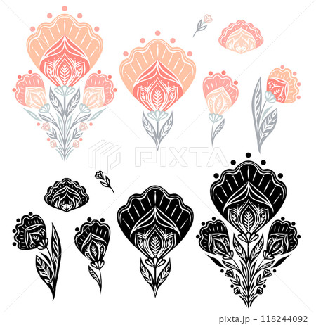 Vector set of ornamental floral delicate colorful and monochrome cliparts isolated from white background. Decorative ornate floral illustrations 118244092