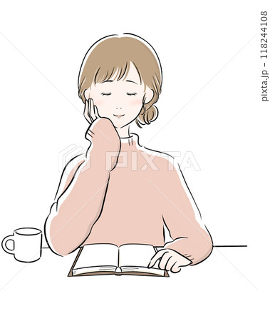 女性 読書 コーヒー 主線黒 ピンクニット 女性 読書 コーヒー 主線黒 ピンクニット 118244108